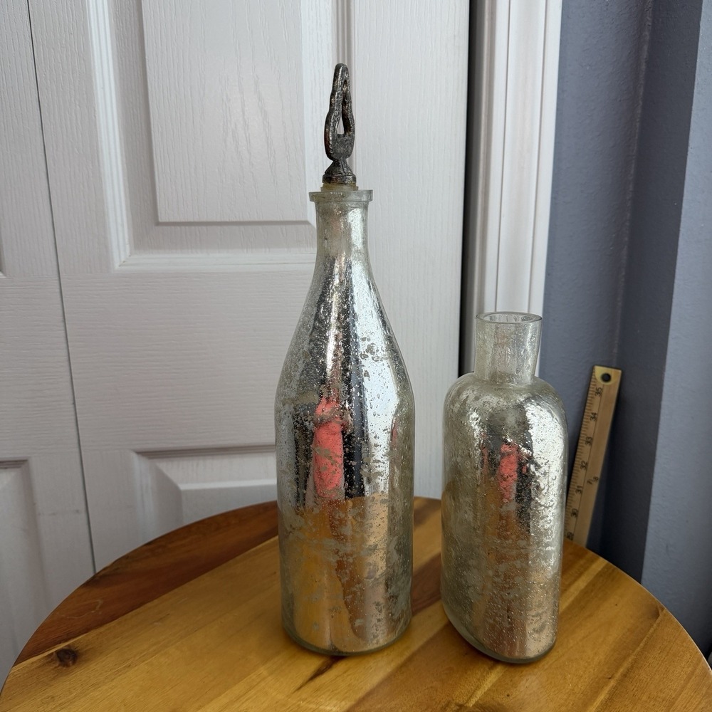 Pottery Barn Lot Of 2 Silver Mercury Glass Vase Bottles‎ Decor Boho Office - Picture 3 of 11